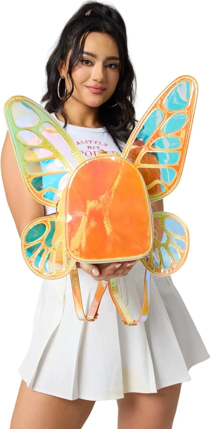 Women's Laser Holographic Backpack Butterfly Angel Wings Casual Daypack Fairy Wings Backpack for Women