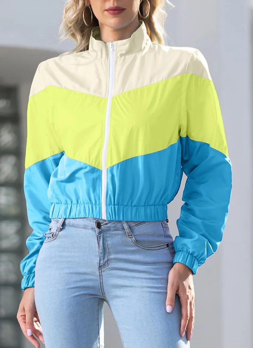 Women’s Lightweight Windbreaker Sport Jacket Zip Up Color Block Coat Casual Long Sleeve Jogging Outerwear