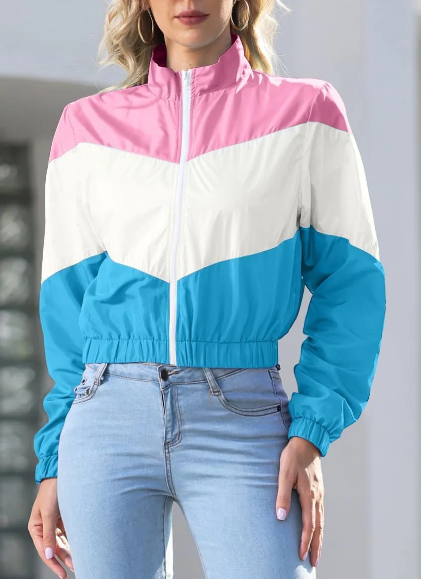 Women’s Lightweight Windbreaker Sport Jacket Zip Up Color Block Coat Casual Long Sleeve Jogging Outerwear