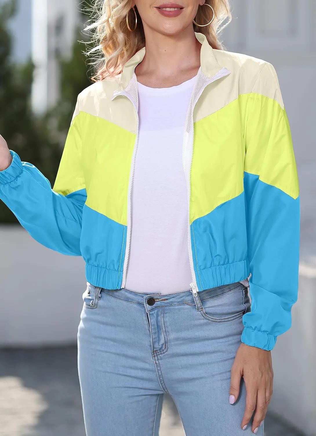 Women’s Lightweight Windbreaker Sport Jacket Zip Up Color Block Coat Casual Long Sleeve Jogging Outerwear
