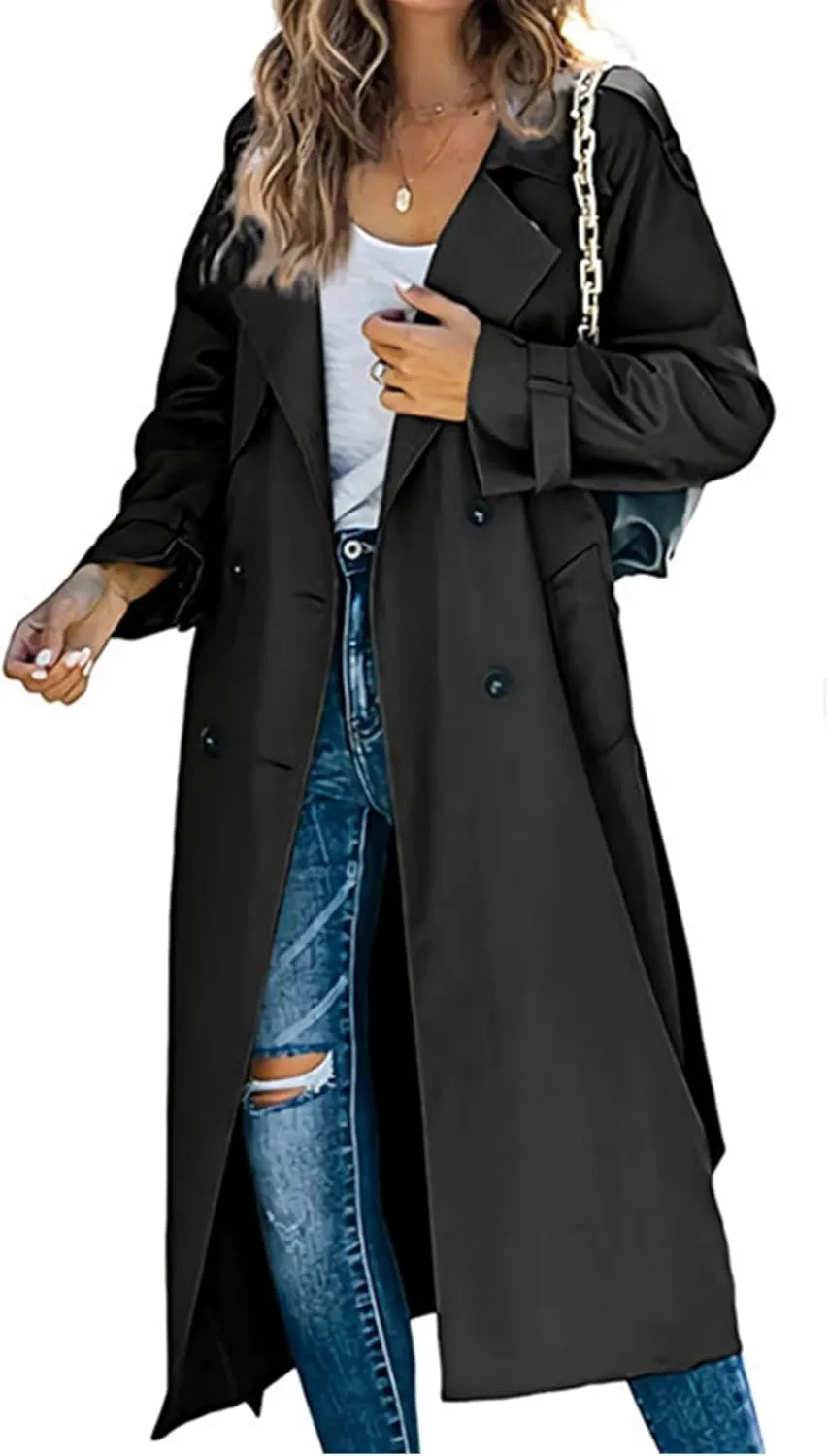 Women's Windproof Trench Coat Notched Lapel Double Breasted Long Overcoat Casual Fall Winter Windbreaker Outerwear