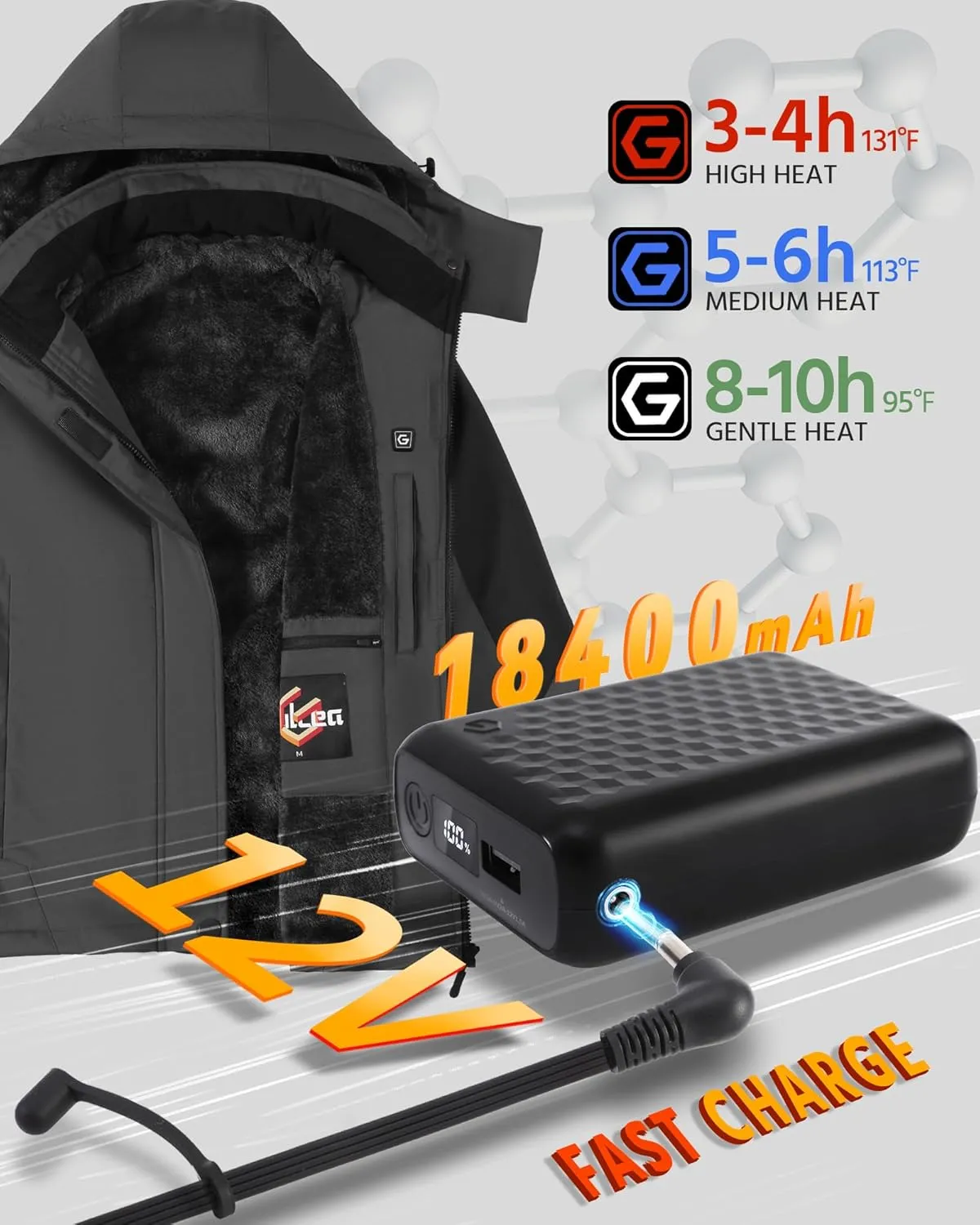 Wulcea Graphene Heated Jacket For Women 12V 18400mAh Fast Charge With Large Capacity