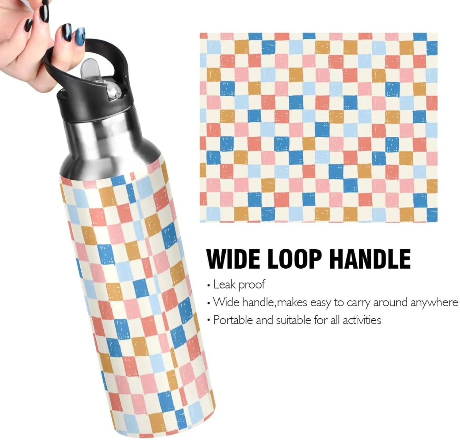 Wusikd Stripe Checkerboard Water Bottle with Straw Lid Double Wall Organic Check Thermos Bottle Vacuum Insulated Flask Stainless Steel Water Bottle for Gym Outdoor 20 OZ