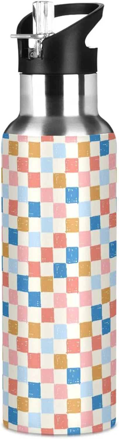 Wusikd Stripe Checkerboard Water Bottle with Straw Lid Double Wall Organic Check Thermos Bottle Vacuum Insulated Flask Stainless Steel Water Bottle for Gym Outdoor 20 OZ