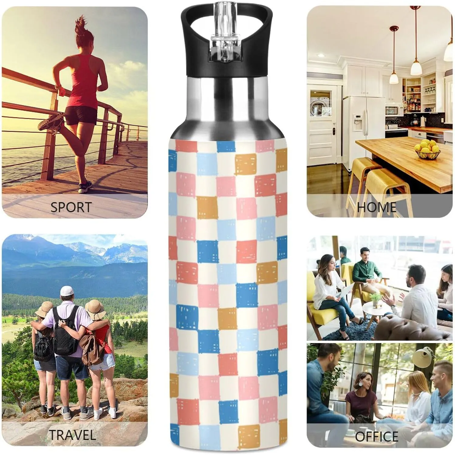Wusikd Stripe Checkerboard Water Bottle with Straw Lid Double Wall Organic Check Thermos Bottle Vacuum Insulated Flask Stainless Steel Water Bottle for Gym Outdoor 20 OZ