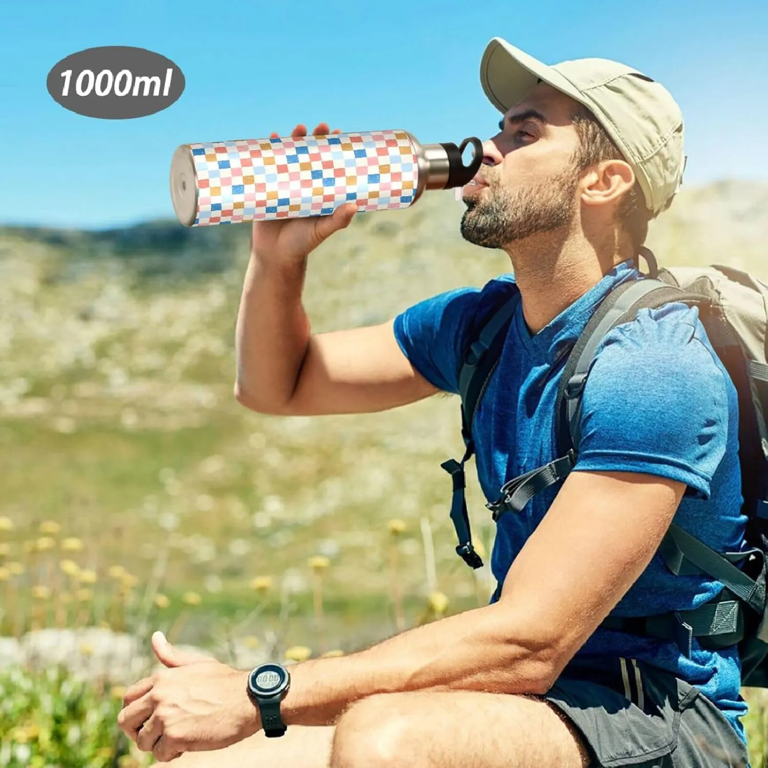 Wusikd Stripe Checkerboard Water Bottle with Straw Lid Double Wall Organic Check Thermos Bottle Vacuum Insulated Flask Stainless Steel Water Bottle for Gym Outdoor 20 OZ