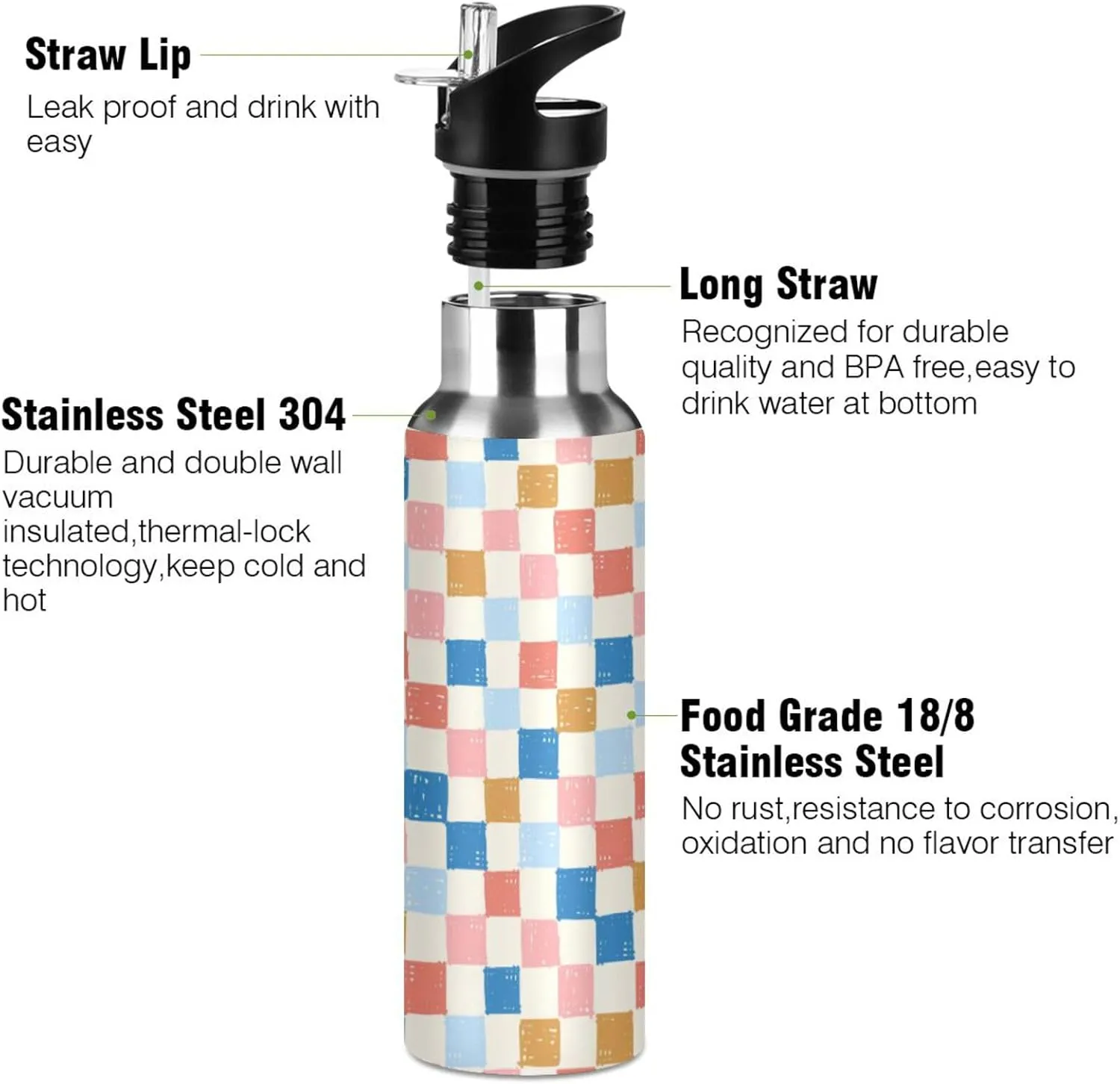 Wusikd Stripe Checkerboard Water Bottle with Straw Lid Double Wall Organic Check Thermos Bottle Vacuum Insulated Flask Stainless Steel Water Bottle for Gym Outdoor 20 OZ