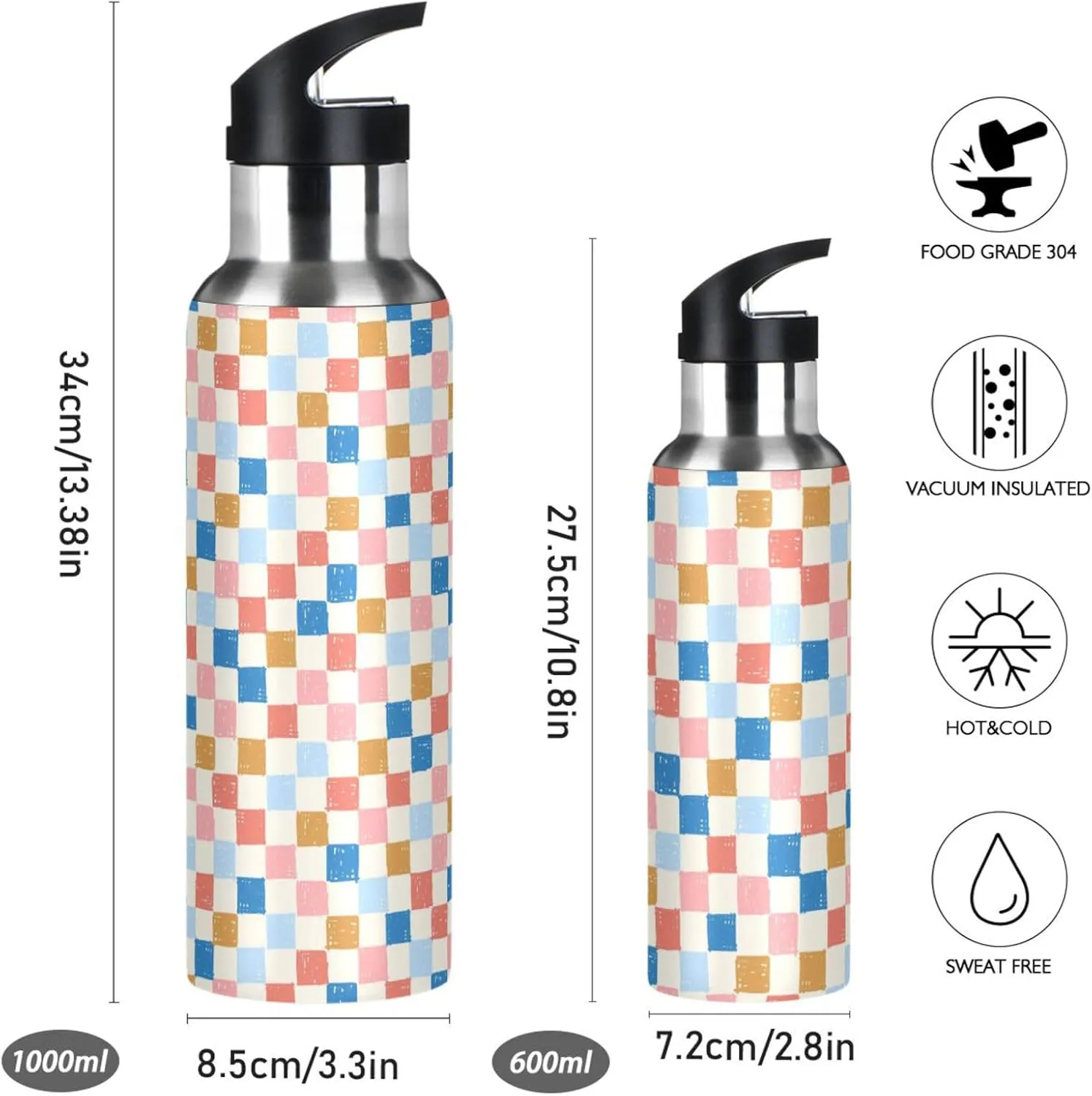 Wusikd Stripe Checkerboard Water Bottle with Straw Lid Double Wall Organic Check Thermos Bottle Vacuum Insulated Flask Stainless Steel Water Bottle for Gym Outdoor 20 OZ