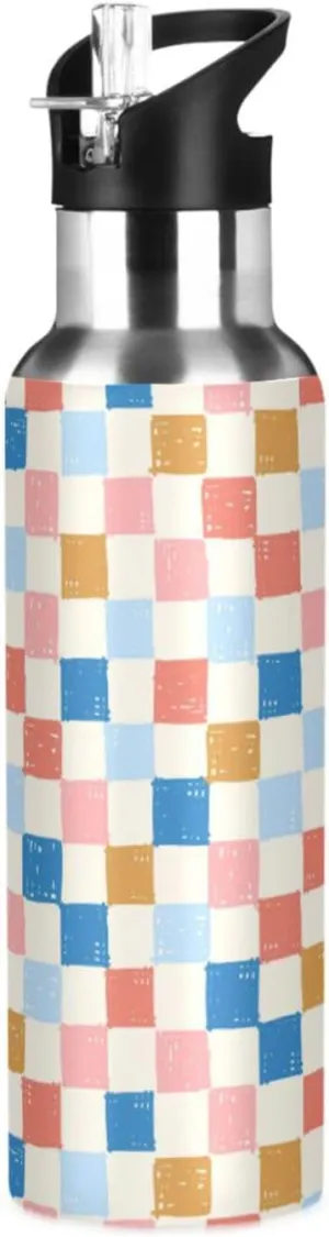 Wusikd Stripe Checkerboard Water Bottle with Straw Lid Double Wall Organic Check Thermos Bottle Vacuum Insulated Flask Stainless Steel Water Bottle for Gym Outdoor 20 OZ