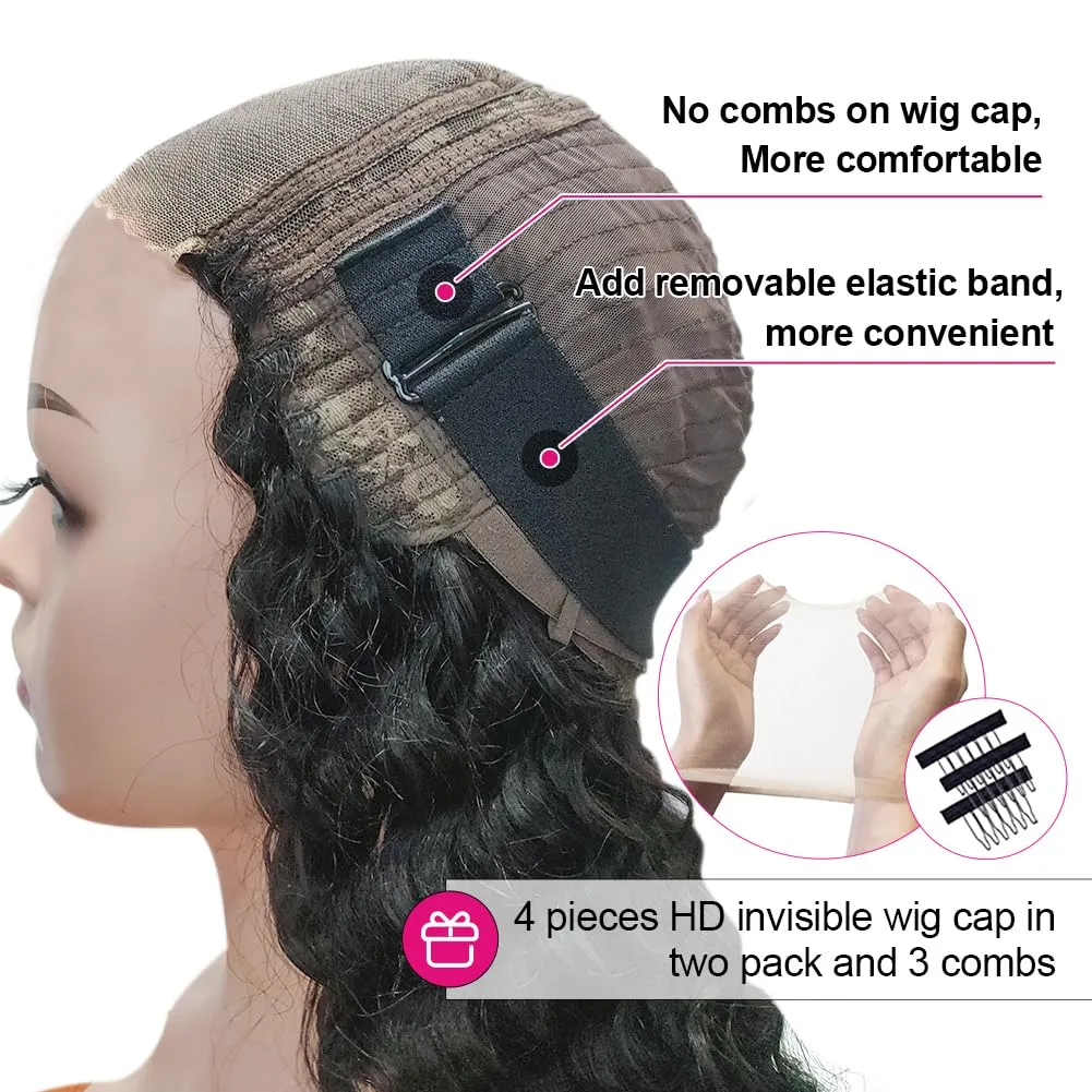 Yuzhou Grace 5x5 HD Lace Glueless Closure Wigs Human Hair Pre Plucked Pre Cut with Elastic Band Deep Wave Curly Wig 250 Density Ready To Wear Wet and Wavy Wig with Baby Hair Natural Hairline