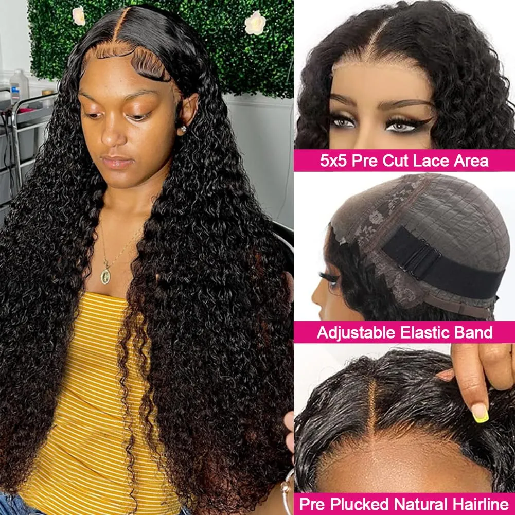 Yuzhou Grace 5x5 HD Lace Glueless Closure Wigs Human Hair Pre Plucked Pre Cut with Elastic Band Deep Wave Curly Wig 250 Density Ready To Wear Wet and Wavy Wig with Baby Hair Natural Hairline