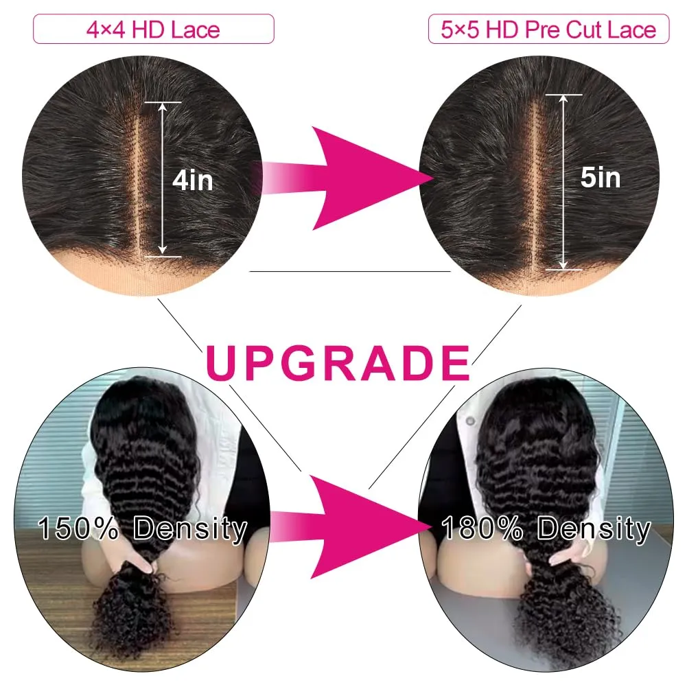 Yuzhou Grace 5x5 HD Lace Glueless Closure Wigs Human Hair Pre Plucked Pre Cut with Elastic Band Deep Wave Curly Wig 250 Density Ready To Wear Wet and Wavy Wig with Baby Hair Natural Hairline
