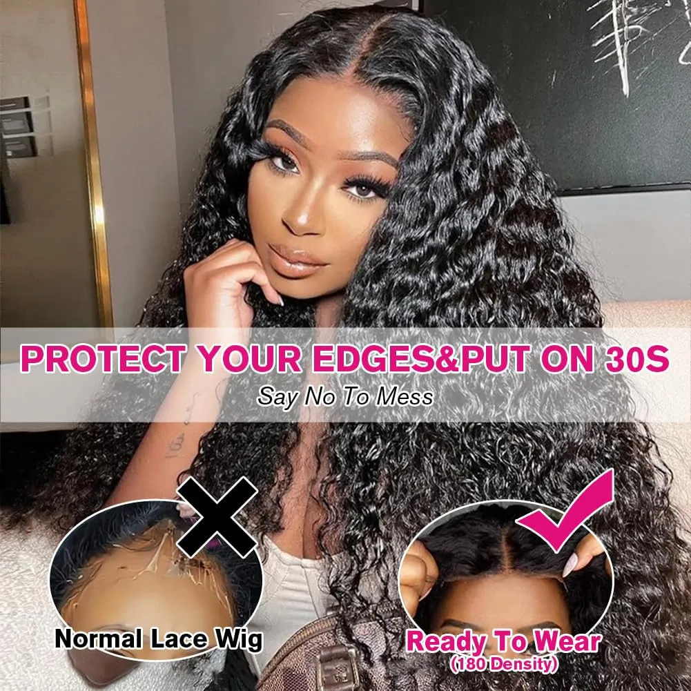 Yuzhou Grace 5x5 HD Lace Glueless Closure Wigs Human Hair Pre Plucked Pre Cut with Elastic Band Deep Wave Curly Wig 250 Density Ready To Wear Wet and Wavy Wig with Baby Hair Natural Hairline