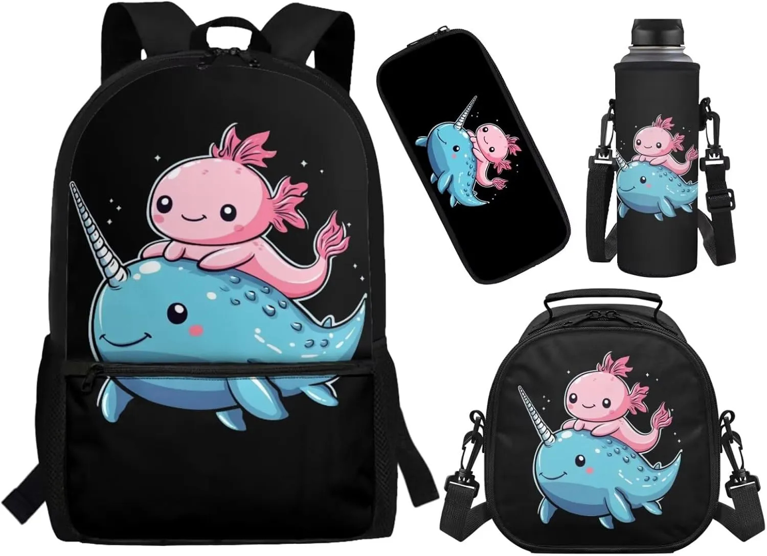 ZFRXIGN Axolotl Backpack with Lunchbox Pencil Pouch Water Bottle Sleeve Narwhal Cute Bookbag for Kids Elementary School Bag Boys Girls Shoulder Bag with Front Pockets Black