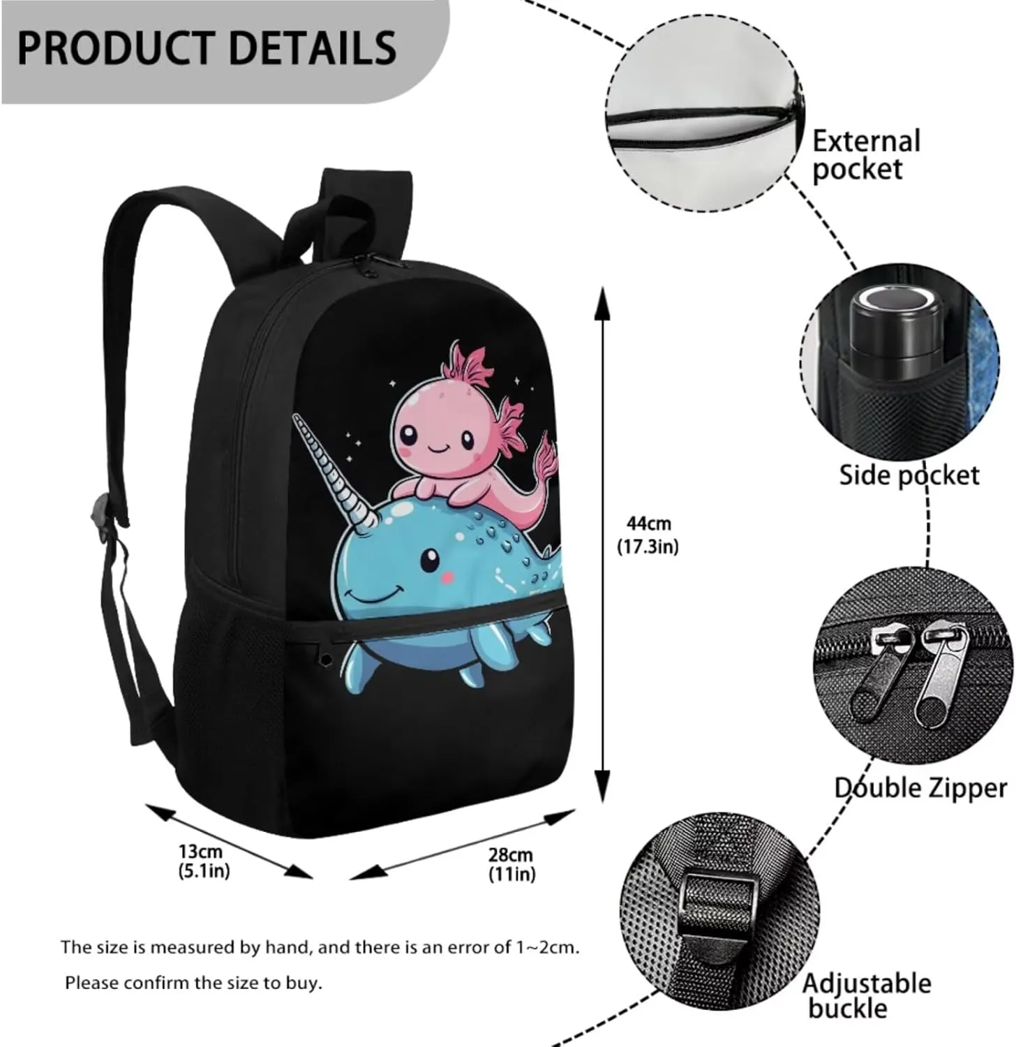 ZFRXIGN Axolotl Backpack with Lunchbox Pencil Pouch Water Bottle Sleeve Narwhal Cute Bookbag for Kids Elementary School Bag Boys Girls Shoulder Bag with Front Pockets Black