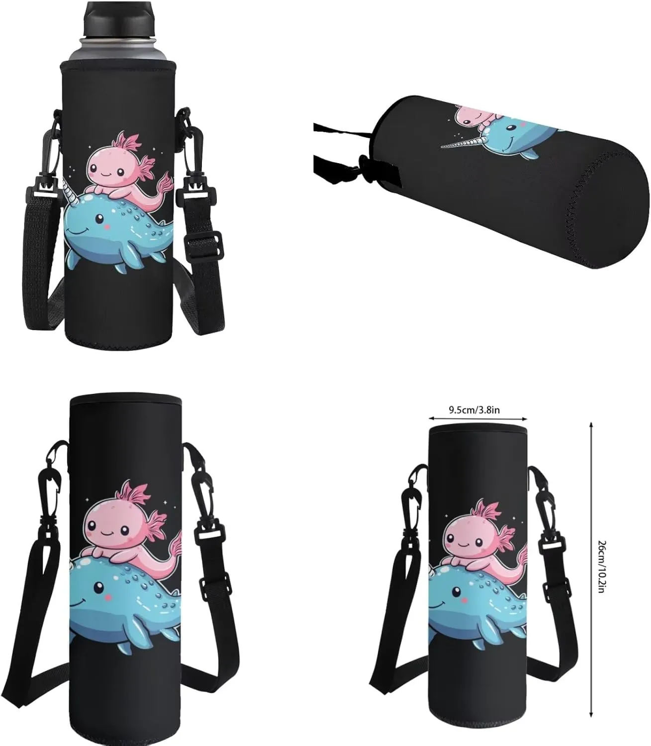 ZFRXIGN Axolotl Backpack with Lunchbox Pencil Pouch Water Bottle Sleeve Narwhal Cute Bookbag for Kids Elementary School Bag Boys Girls Shoulder Bag with Front Pockets Black