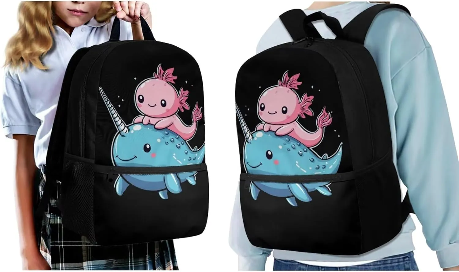 ZFRXIGN Axolotl Backpack with Lunchbox Pencil Pouch Water Bottle Sleeve Narwhal Cute Bookbag for Kids Elementary School Bag Boys Girls Shoulder Bag with Front Pockets Black