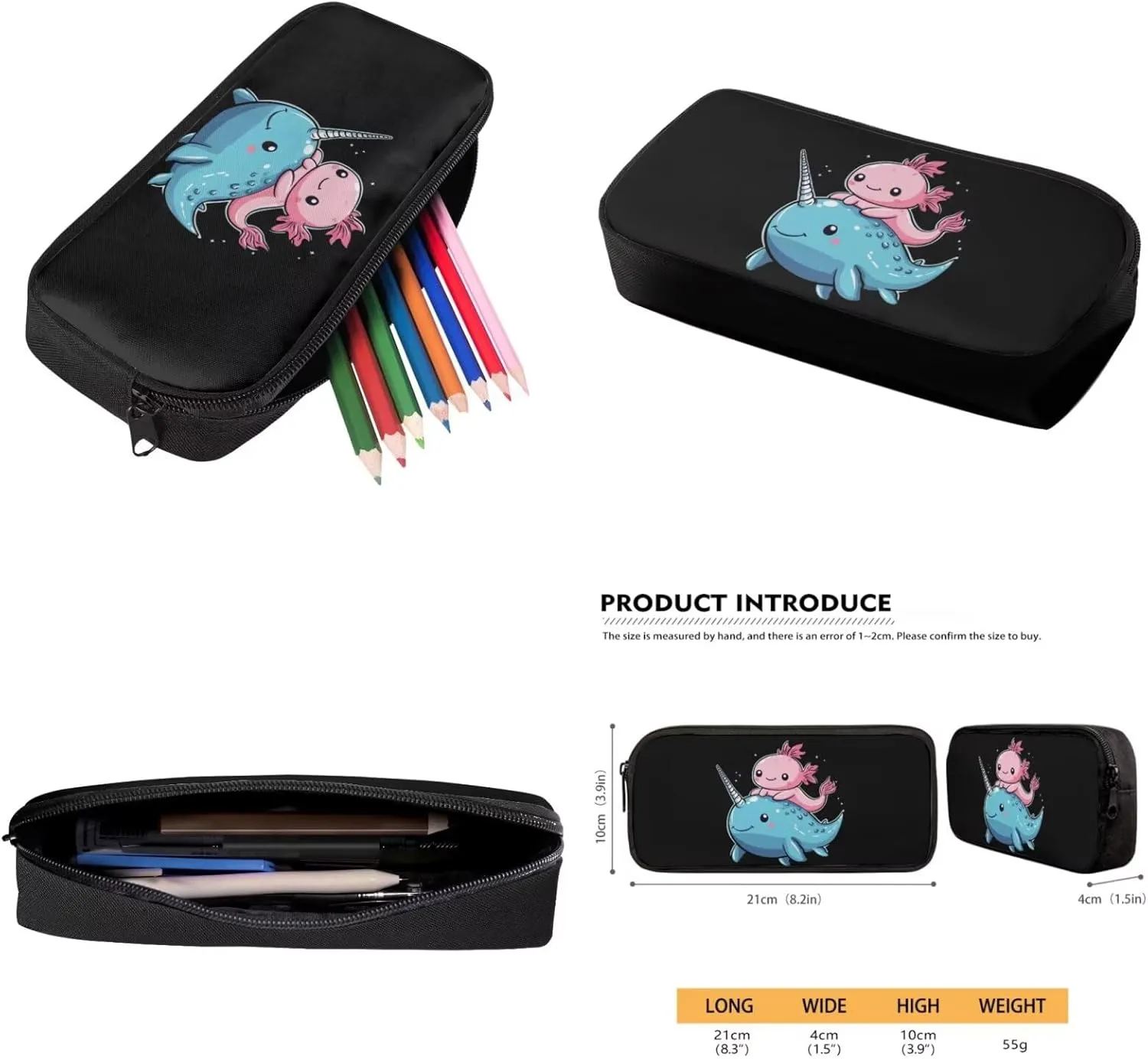 ZFRXIGN Axolotl Backpack with Lunchbox Pencil Pouch Water Bottle Sleeve Narwhal Cute Bookbag for Kids Elementary School Bag Boys Girls Shoulder Bag with Front Pockets Black