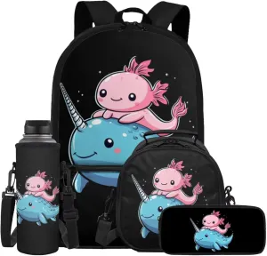 ZFRXIGN Axolotl Backpack with Lunchbox Pencil Pouch Water Bottle Sleeve Narwhal Cute Bookbag for Kids Elementary School Bag Boys Girls Shoulder Bag with Front Pockets Black