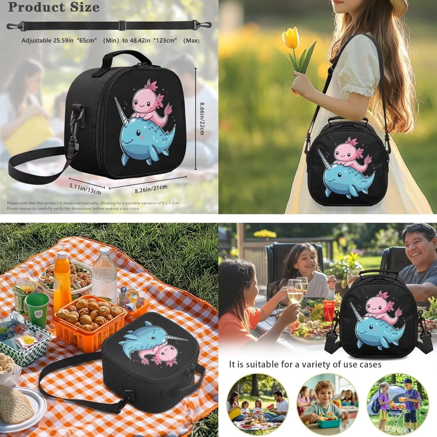 ZFRXIGN Axolotl Backpack with Lunchbox Pencil Pouch Water Bottle Sleeve Narwhal Cute Bookbag for Kids Elementary School Bag Boys Girls Shoulder Bag with Front Pockets Black