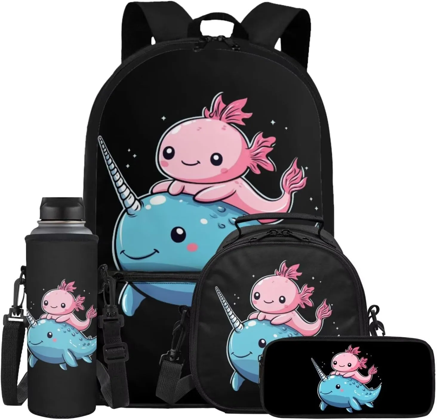 ZFRXIGN Axolotl Backpack with Lunchbox Pencil Pouch Water Bottle Sleeve Narwhal Cute Bookbag for Kids Elementary School Bag Boys Girls Shoulder Bag with Front Pockets Black