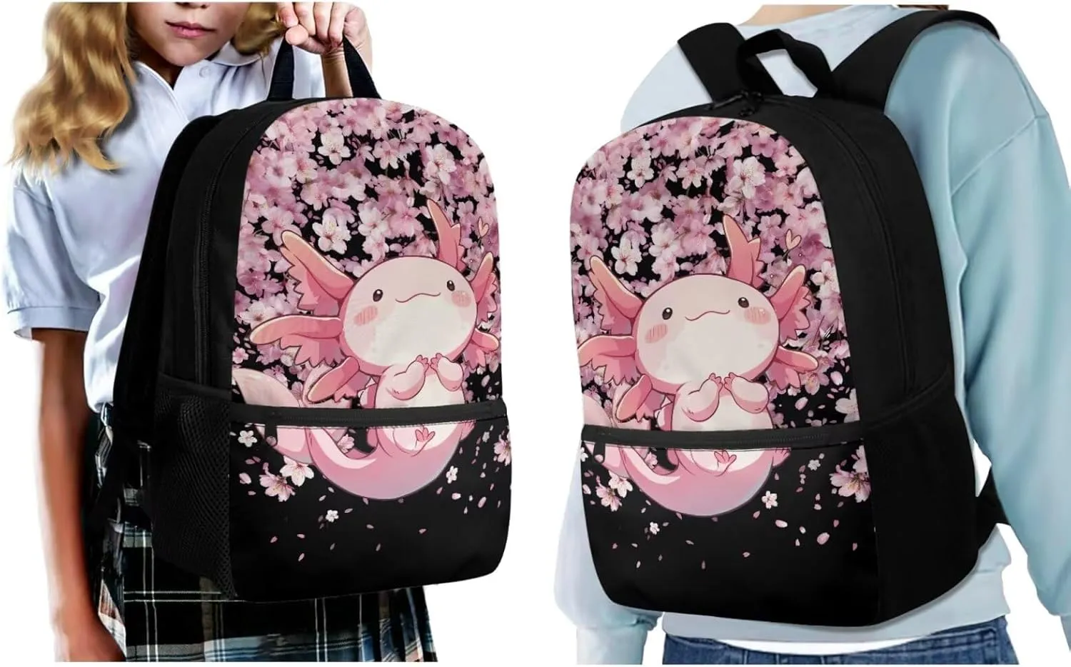 ZFRXIGN Axolotl School Backpack Set with Lunch Box and Pencil Case Cap Sleeve School Bag Pink Cherry Blossom Flower Backpack for Girls 6-8 Casual Daypack Knapsack Set 4 Pack