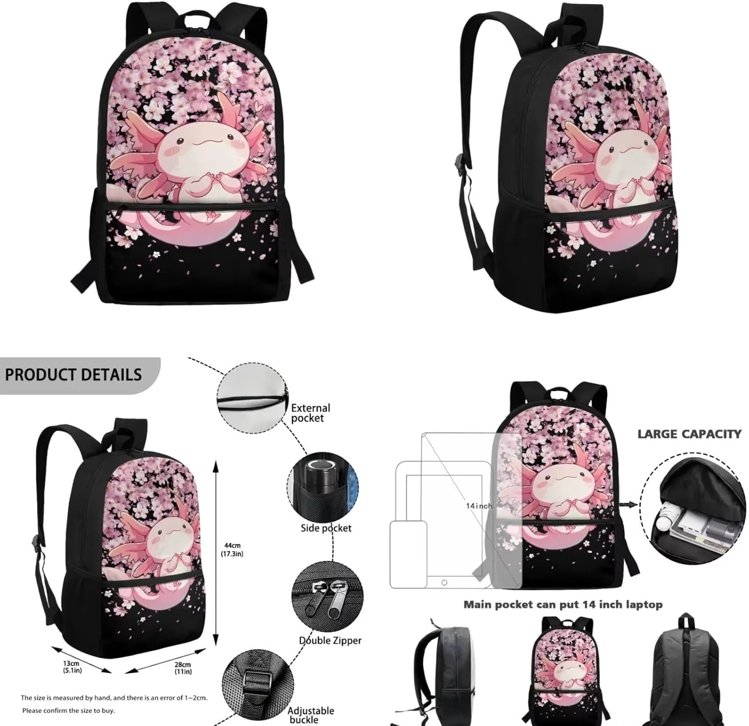 ZFRXIGN Axolotl School Backpack Set with Lunch Box and Pencil Case Cap Sleeve School Bag Pink Cherry Blossom Flower Backpack for Girls 6-8 Casual Daypack Knapsack Set 4 Pack