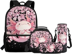 ZFRXIGN Axolotl School Backpack Set with Lunch Box and Pencil Case Cap Sleeve School Bag Pink Cherry Blossom Flower Backpack for Girls 6-8 Casual Daypack Knapsack Set 4 Pack