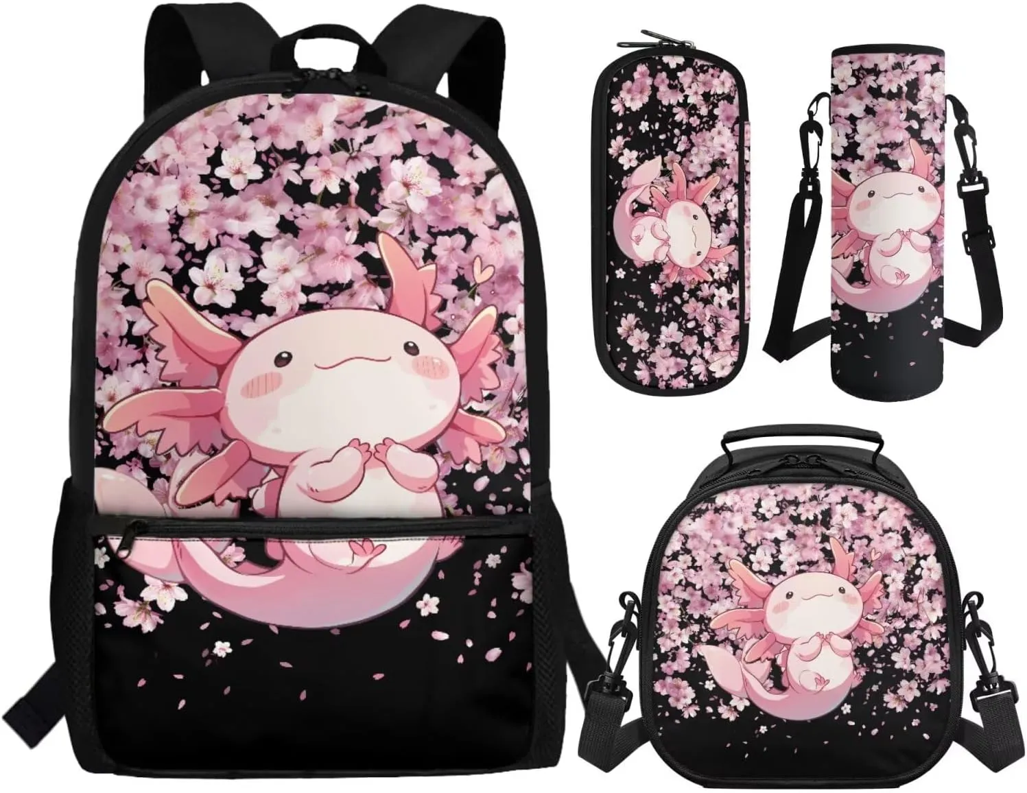 ZFRXIGN Axolotl School Backpack Set with Lunch Box and Pencil Case Cap Sleeve School Bag Pink Cherry Blossom Flower Backpack for Girls 6-8 Casual Daypack Knapsack Set 4 Pack