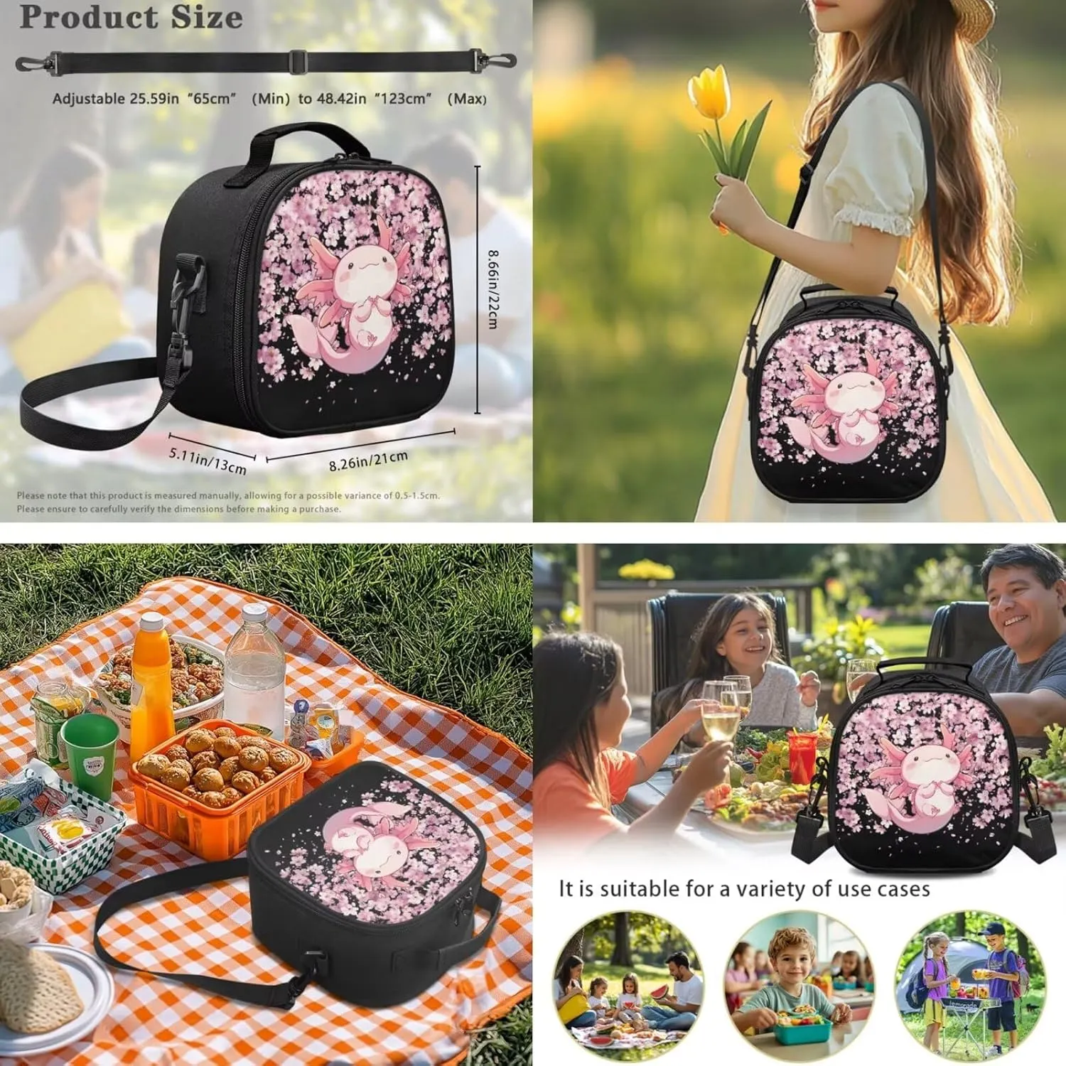 ZFRXIGN Axolotl School Backpack Set with Lunch Box and Pencil Case Cap Sleeve School Bag Pink Cherry Blossom Flower Backpack for Girls 6-8 Casual Daypack Knapsack Set 4 Pack