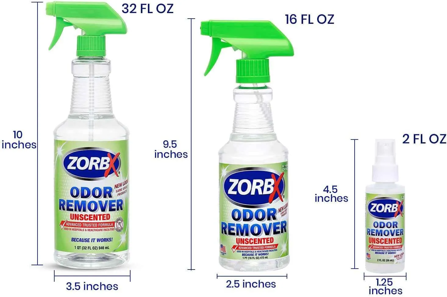 ZORBX Unscented Multipurpose Odor Eliminator Value Pack 2 Oz   16 Oz   32 Oz - Used in Hospitals & Healthcare Facilities - Advanced Trusted Formula - Perfect Bundle to Get Rid of Unpleasant Odors