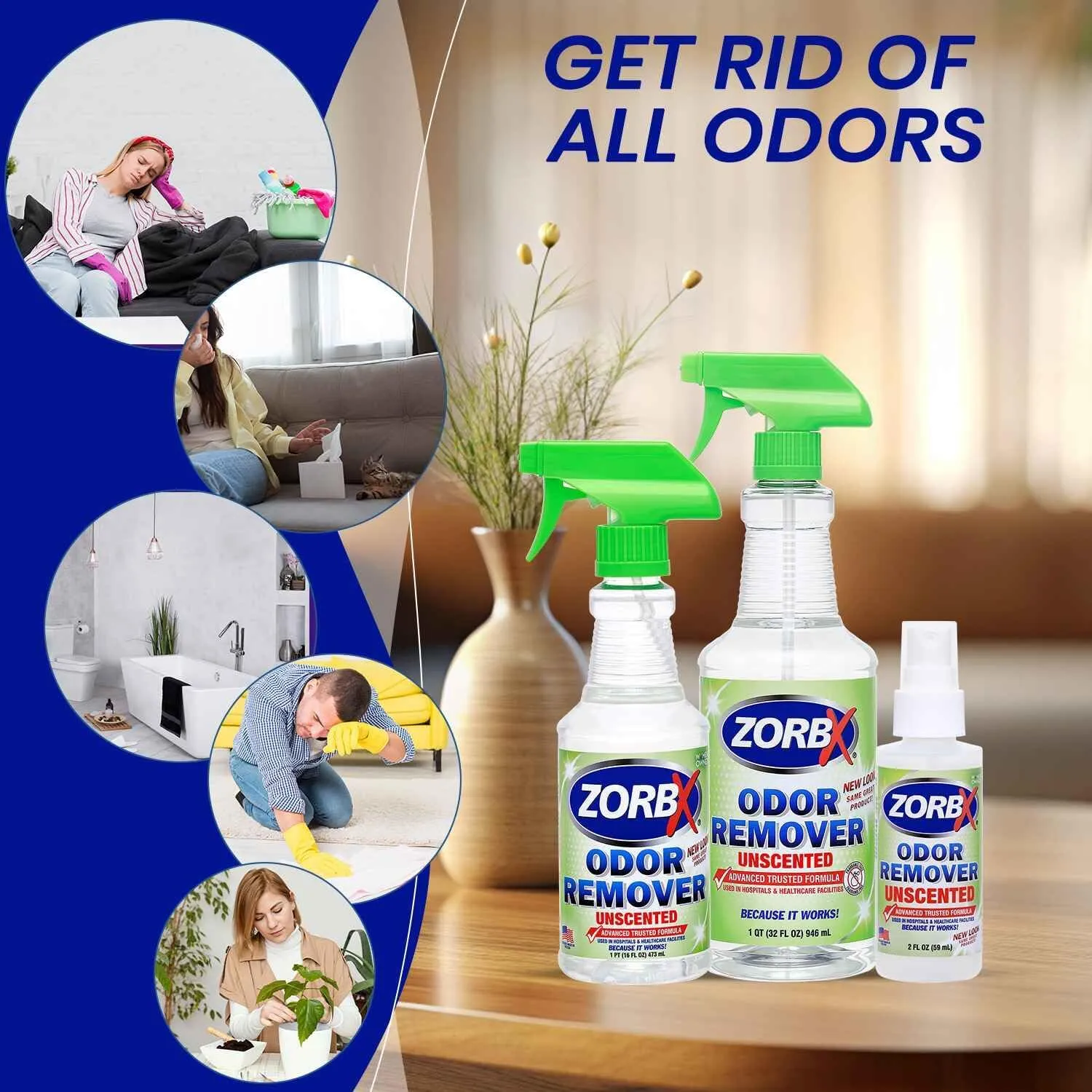 ZORBX Unscented Multipurpose Odor Eliminator Value Pack 2 Oz   16 Oz   32 Oz - Used in Hospitals & Healthcare Facilities - Advanced Trusted Formula - Perfect Bundle to Get Rid of Unpleasant Odors