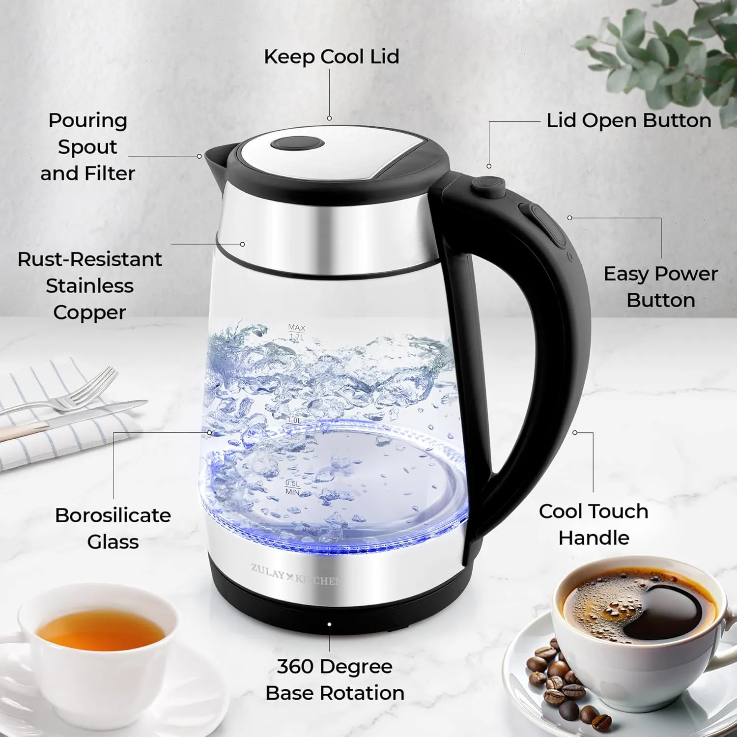 Zulay Kitchen Fast-Boiling Electric Kettle - 1.7L Hot Water Kettle 1500W With Auto Shut-Off - Water Boiler For Coffee & Tea - Boil-Dry Protection, Cool-Touch Handle, 360° Base - Black