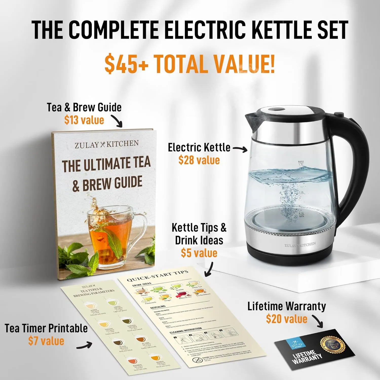 Zulay Kitchen Fast-Boiling Electric Kettle - 1.7L Hot Water Kettle 1500W With Auto Shut-Off - Water Boiler For Coffee & Tea - Boil-Dry Protection, Cool-Touch Handle, 360° Base - Black